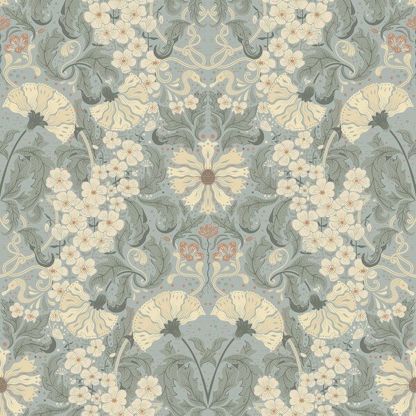 Manhattan Comfort Liverpool Ojvind Light Blue Floral Ogee 33 ft L X 209 in W Wallpaper BR4080-83115 - main